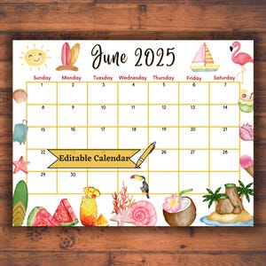 Editable Fillable June 2025 Calendar for Joyful Summer at the Beach, Printable Monthly Planner, Kids & Family Schedule, Instant Download