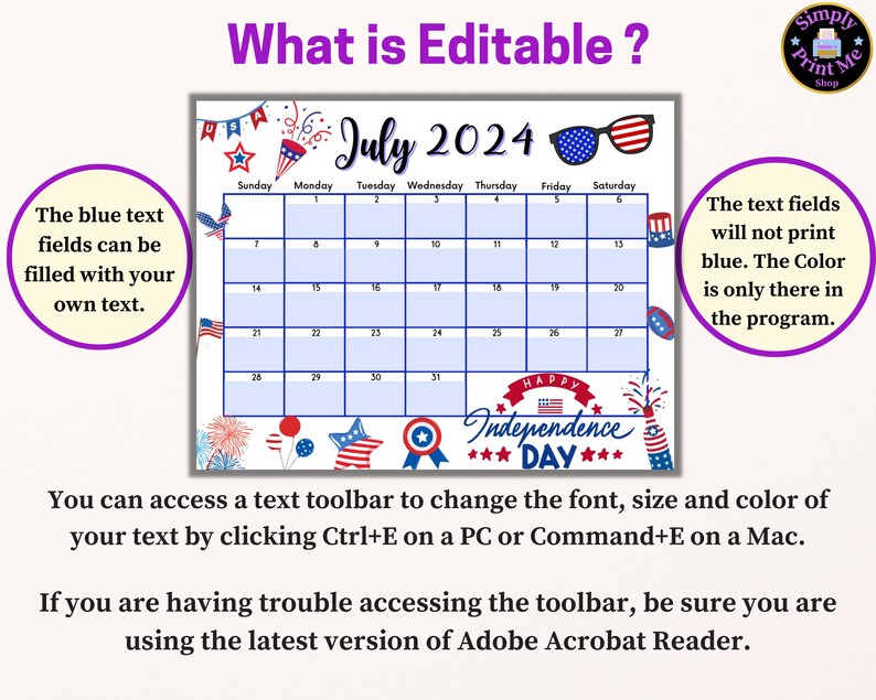 Buy Editable Fillable July 2024 Calendar for Happy 4th July