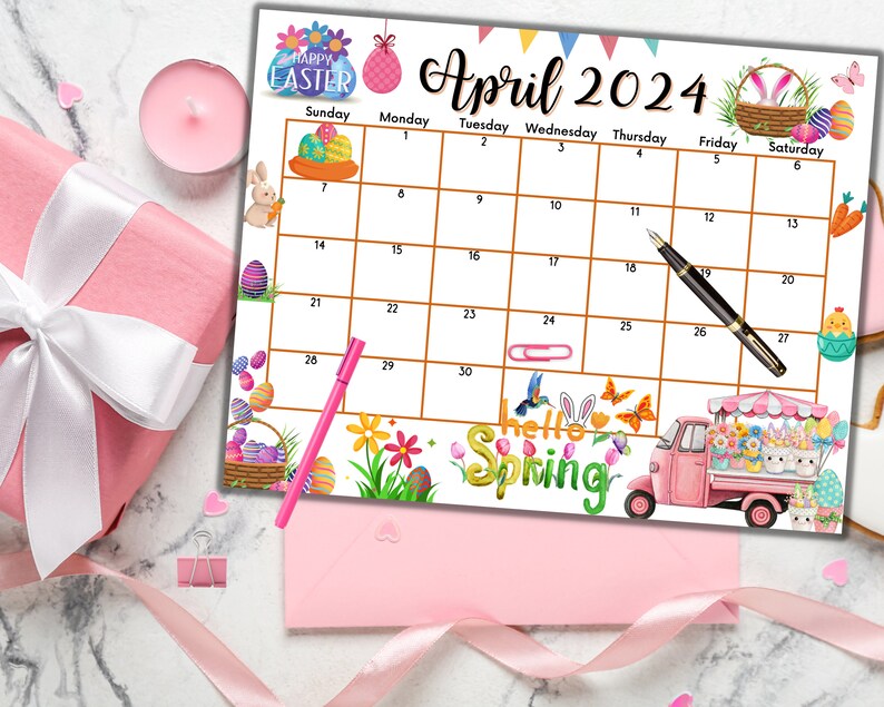 Editable Fillable April 2024 Calendar for Happy Easter With Colorful