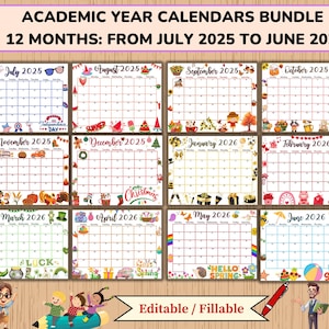 Editable Fillable School Calendar 2025-2026 from July to June, Printable Classroom Planner, 12 Month Bundle, Digital Monthly Kids Schedule