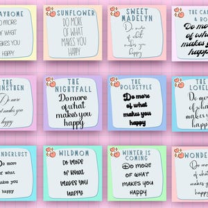 May include: Twelve colorful square cards with a pink background and white text. Each card has a different name and the text "Do more of what makes you happy".