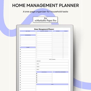 Może przedstawiać: Cyfrowy planer zarządzania domem dla reMarkable Paper Pro. Planer zawiera sekcje dla codziennych zadań, zakupów, wydatków i spotkań. Tekst "HOME MANAGEMENT PLANNER" znajduje się na górze, a pod nim "A one-page organizer for household tasks".