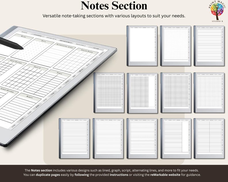 May include: A digital notepad with a variety of note-taking templates, including lined, graph, script, and alternating lines. The text "Notes Section" is at the top of the image. The text "Versatile note-taking sections with various layouts to suit your needs." is below the title. The text "The Notes section includes various designs such as lined, graph, script, alternating lines, and more to fit your needs. You can duplicate pages easily by following the provided instructions or visiting the reMarkable website for guidance." is at the bottom of the image.