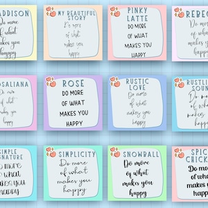 May include: Twelve colorful square cards with rounded corners and white borders. Each card has a different name and a quote that says "Do more of what makes you happy".