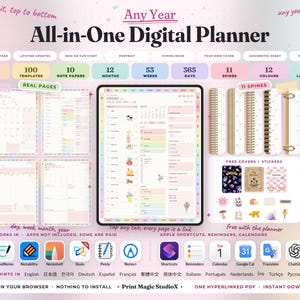 All-in-One Digital Planner Portrait 2026, 2027, 2028 Digital Planner, Digital Journal, Digital Goodnotes Template, Weekly, Daily Planner