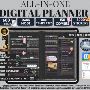Dark Mode All In One Digital Planner 2025 2026 2027, Digital Planner, Digital Journal, Digital Goodnotes Template, Weekly, Daily Planner