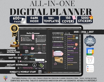 Planificador digital todo en uno con modo oscuro 2025, 2026 y 2027. Planificador digital, diario digital, plantilla de Goodnotes digital, planificador semanal y diario.