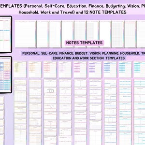 May include: A collection of printable planner templates for personal, self-care, education, finance, budgeting, vision, planning, household, work, and travel. The templates are in a variety of colors and styles. There are also 12 note templates included.