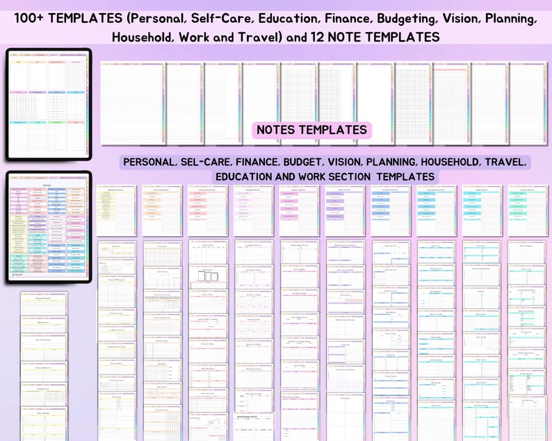 May include: A collection of printable planner templates for personal, self-care, education, finance, budgeting, vision, planning, household, work, and travel. The templates are in a variety of colors and styles. There are also 12 note templates included.