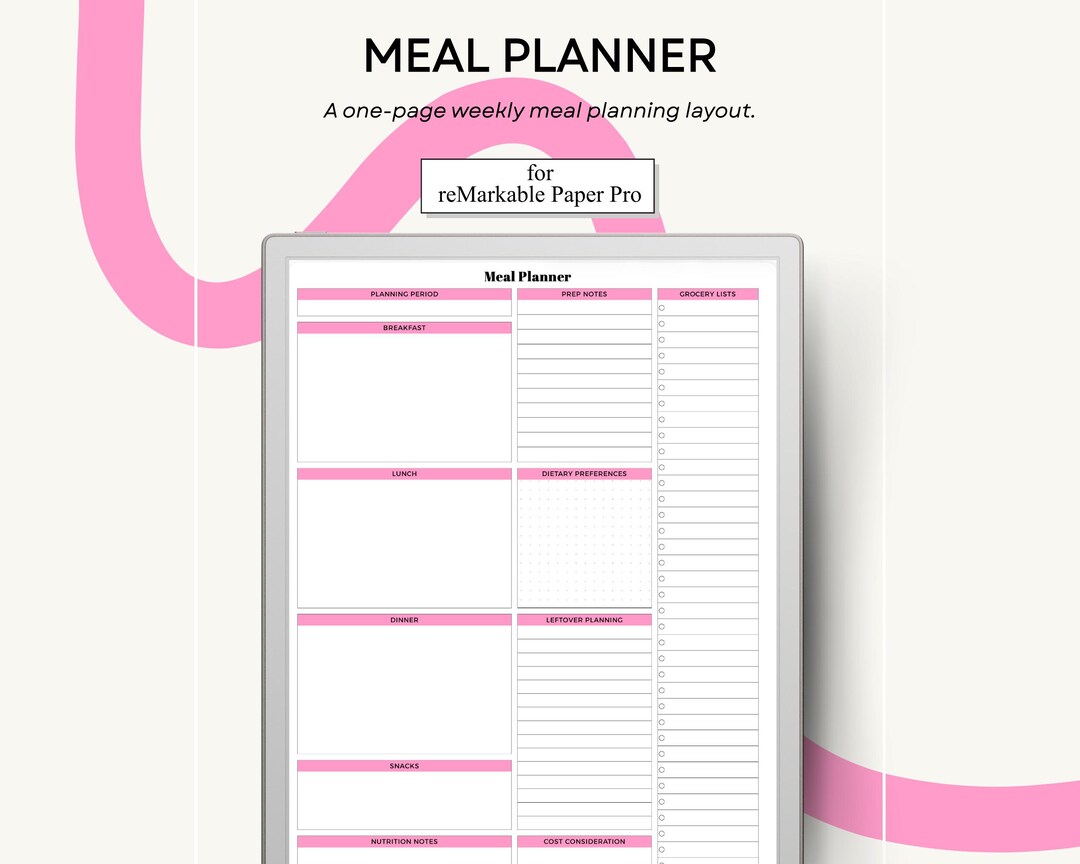 Meal Planner for Remarkable Paper Pro Single Page PDF Template - Etsy