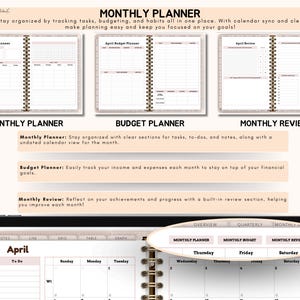 May include: A digital monthly planner with sections for tasks, budgeting, and review. The planner includes an undated calendar view, budget tracking, and a review section. The image shows the planner's layout with the text "MONTHLY PLANNER", "BUDGET PLANNER", and "MONTHLY REVIEW".