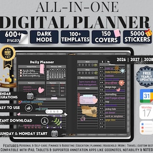 ダークモード オールインワン デジタルプランナー 2026 2027 2028、デジタルプランナー、デジタルジャーナル、デジタルGoodnotesテンプレート、ウィークリープランナー、デイリープランナー