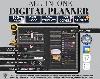 Dark Mode All In One Digital Planner 2026 2027 2028, Digital Planner, Digital Journal, Digital Goodnotes Template, Weekly, Daily Planner