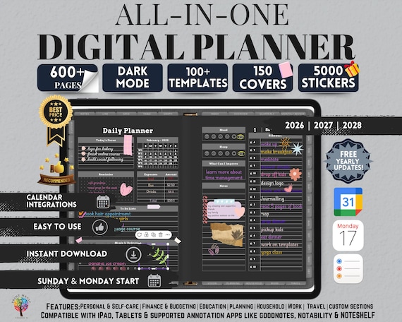 Dark Mode All In One Digital Planner 2026 2027 2028, Digital Planner, Digital Journal, Digital Goodnotes Template, Weekly, Daily Planner
