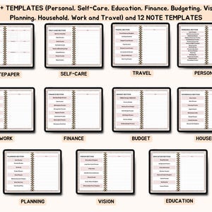 May include: A collection of open notebooks with various templates for personal organization. The notebooks are labeled with categories like Notepaper, Self-Care, Travel, Personal, Work, Finance, Budget, Household, Planning, Vision, and Education. The text "100+ TEMPLATES" is at the top.