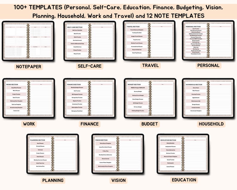 May include: A collection of open notebooks with various templates for personal organization. The notebooks are labeled with categories like Notepaper, Self-Care, Travel, Personal, Work, Finance, Budget, Household, Planning, Vision, and Education. The text "100+ TEMPLATES" is at the top.