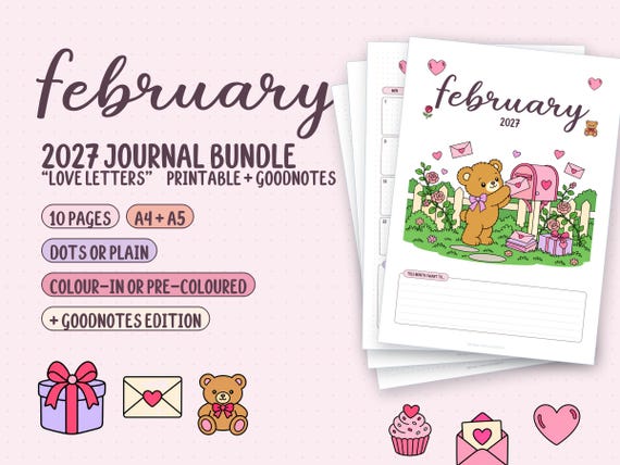 February 2027 Journal Bundle, Printable Journal Pages A4 A5
