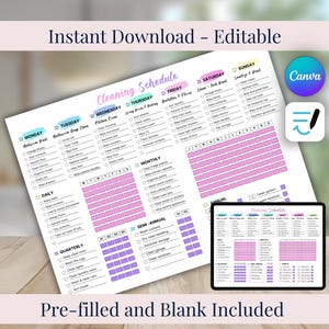 May include: A printable cleaning schedule in pink and purple, with the text "Instant Download - Editable" at the top. The schedule lists daily, weekly, monthly, quarterly, and semi-annual tasks. The words "Pre-filled and Blank Included" are at the bottom.