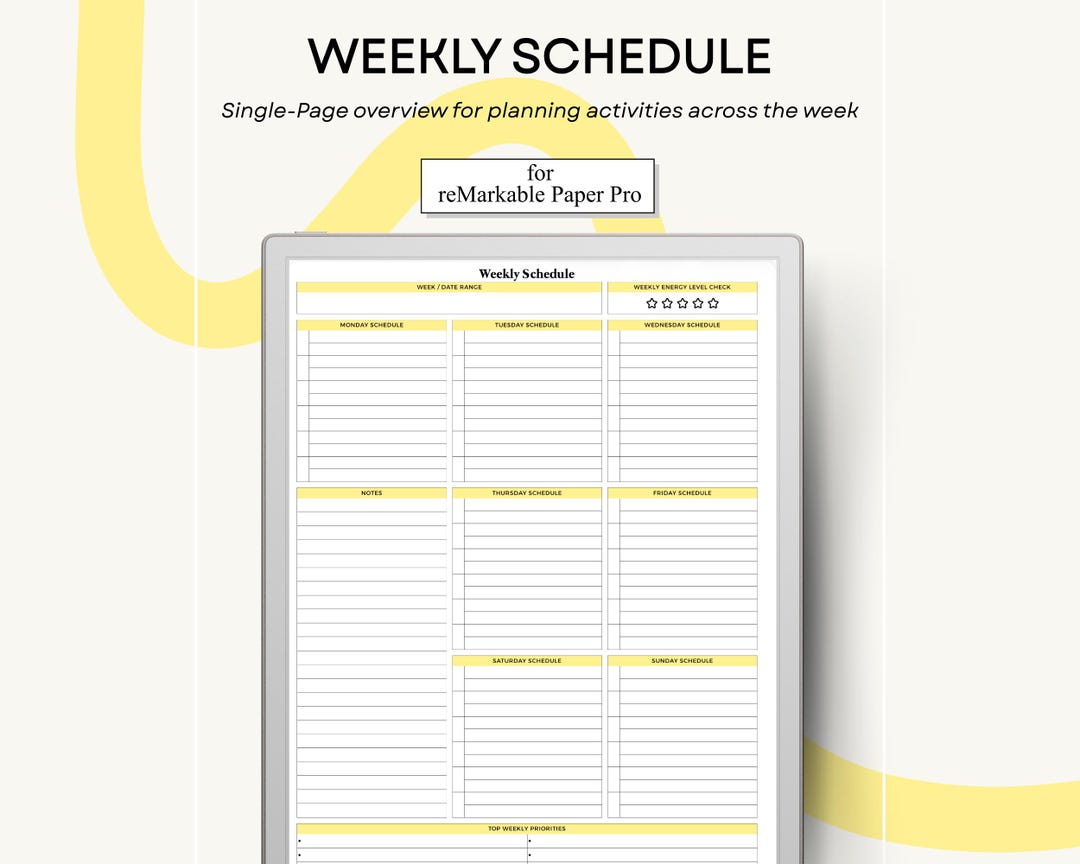 Weekly Schedule for Remarkable Paper Pro Single Page PDF Template - Etsy