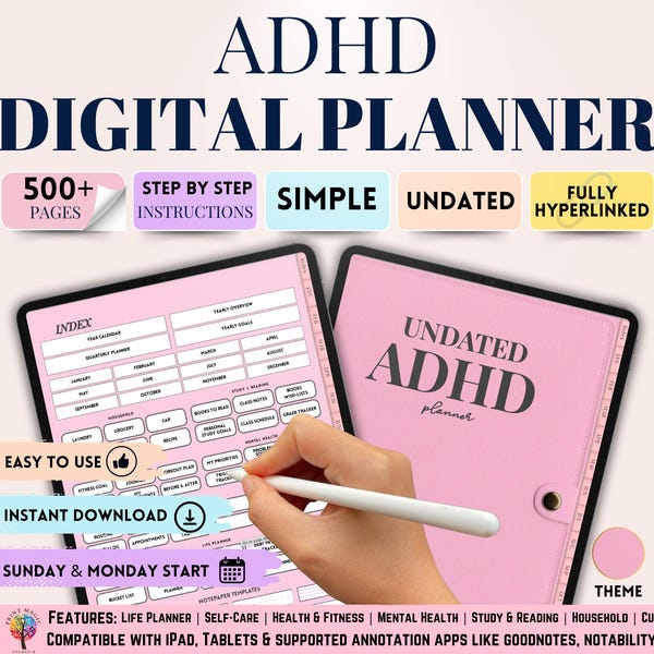 ADHD Digital Planner, Undated Digital Planner, GoodNotes Planner, ADHD Planner, iPad Planner, Adult ADHD Planner, Daily, Weekly Adhd Planner