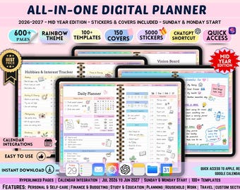 Mid Year 2026 2027 All In One Digital Planner  Digital Planner, Digital Journal, Digital GoodNotes Template, Weekly Daily, Notes+ Notability