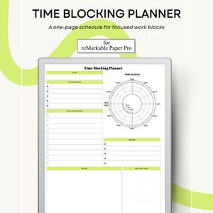 Può includere: Un pianificatore digitale di time blocking per reMarkable Paper Pro. Il pianificatore presenta un design a blocchi di tempo circolare, con sezioni per le priorità principali, i compiti e le note. Il testo "TIME BLOCKING PLANNER" è in alto.