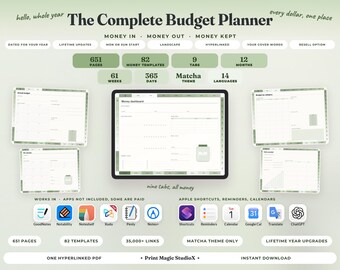 Digital Budget Planner 2026 2027 2028 Any Year, Matcha, Paycheck & Monthly Budget, Bills Debt Savings Tracker, GoodNotes iPad, 14 Languages