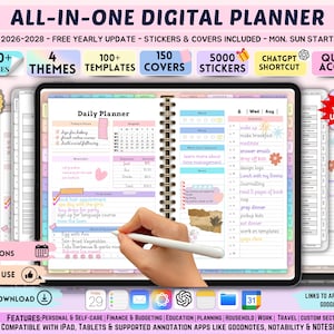 May include: Digital planner with the text "ALL-IN-ONE DIGITAL PLANNER" and features like 600+ pages, 4 themes, 100+ templates, and 150 covers. The planner includes stickers, a ChatGPT shortcut, and quick access. It is compatible with iPad and tablets.