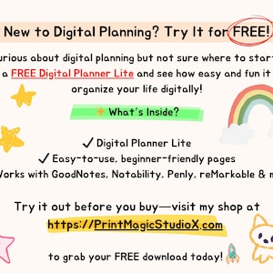 May include: A digital planning advertisement with text that reads "New to Digital Planning? Try It for FREE!" and "Get a FREE Digital Planner Lite." The image includes illustrations of stars, a rainbow, and a dog.