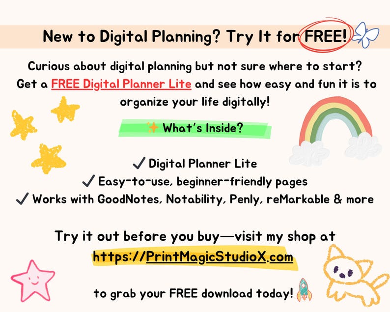 May include: A digital planning advertisement with text that reads "New to Digital Planning? Try It for FREE!" and "Get a FREE Digital Planner Lite." The image includes illustrations of stars, a rainbow, and a dog.