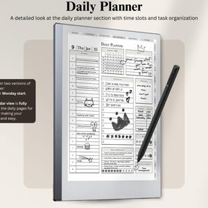 May include: A white and gray e-reader with a black stylus. The screen displays a daily planner with a calendar, time slots, and handwritten notes. The text on the screen reads "Daily Planner" and "9 Thu Jan 25".
