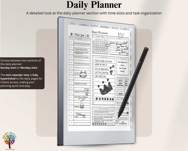 May include: A white and gray e-reader with a black stylus. The screen displays a daily planner with a calendar, time slots, and handwritten notes. The text on the screen reads "Daily Planner" and "9 Thu Jan 25".