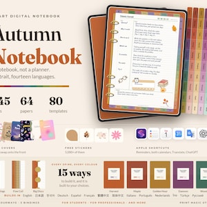 Autumn Digital Notebook, Undated GoodNotes Notebook for iPad, 545 Pages, 64 Note Papers, 80 Templates, 5 Colours, 3 Bindings, 14 Languages