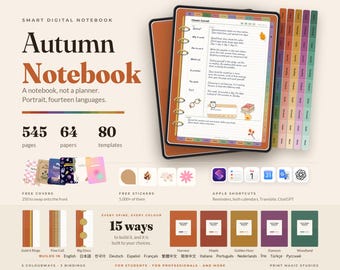 Autumn Digital Notebook, Undated GoodNotes Notebook for iPad, 545 Pages, 64 Note Papers, 80 Templates, 5 Colours, 3 Bindings, 14 Languages
