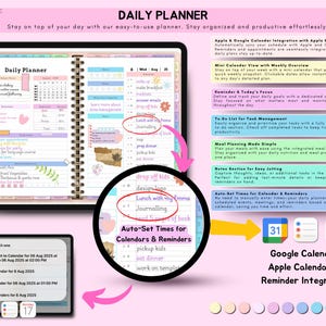 May include: A digital daily planner on a tablet, featuring a spiral-bound notebook design. The planner includes sections for scheduling, to-do lists, and meal planning. The image also highlights calendar integration and reminder features.