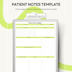 Puede incluir: Una plantilla digital de notas del paciente para reMarkable Paper Pro. La plantilla presenta un diseño limpio y organizado con secciones para información del paciente, síntomas, signos vitales, diagnósticos y planes de tratamiento. El diseño incorpora un fondo blanco con acentos verde lima.
