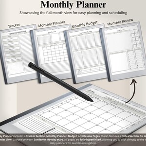 May include: A digital planner with a monthly calendar view, tracker section, monthly budget, and monthly review pages. The planner is designed for easy planning and scheduling.
