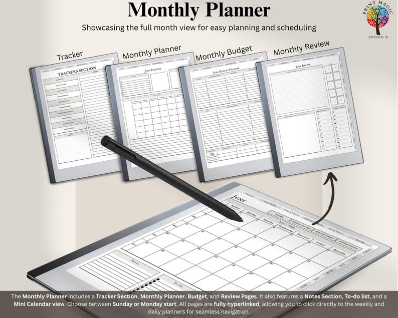 May include: A digital planner with a monthly calendar view, tracker section, monthly budget, and monthly review pages. The planner is designed for easy planning and scheduling.