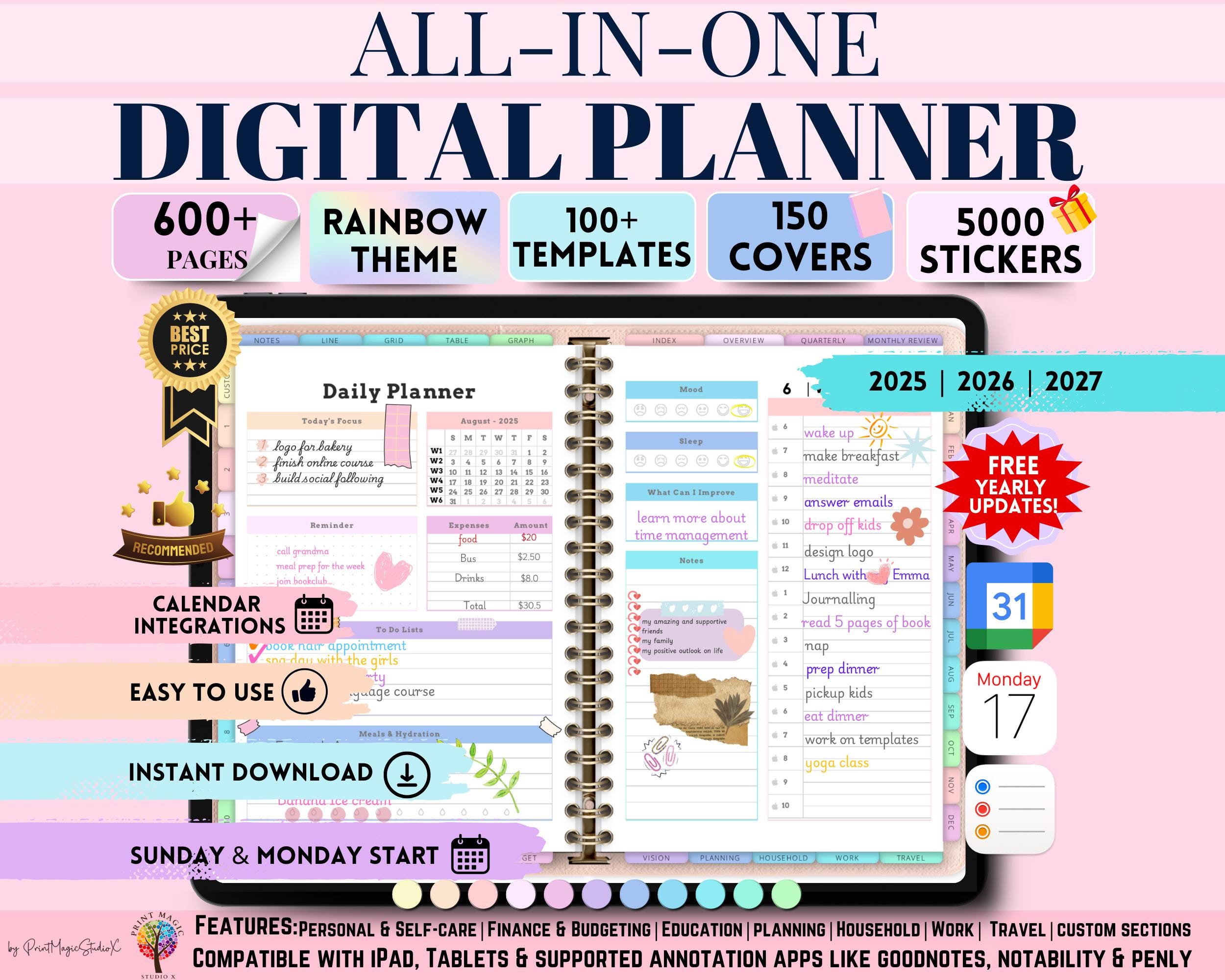 All In One Digital Planner 2025 2026 2027, Digital Planner, Digital Journal, Digital Goodnotes Template, Weekly, Daily Planner, Monthly plan