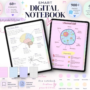 May include: A smart digital notebook displayed on two tablets, featuring 14 sections, 60+ formats, and 900+ hyperlinked pages. The screens show educational diagrams of a human brain and an animal cell, with integrated tools for calendar, notes, and AI.