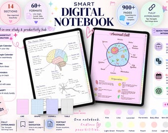 Digital Notebook with 14 Tabs, GoodNotes Notebook, Digital Journal, Student Notebook, Note Templates, Digital Note Paper, Note Taking pdf