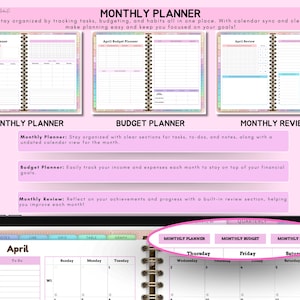 May include: A pink and white monthly planner with sections for tasks, budgeting, and review. The planner includes an undated calendar view, budget tracking, and a review section. The text "MONTHLY PLANNER" is visible.