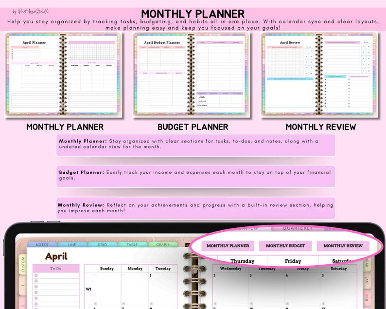 May include: A pink and white monthly planner with sections for tasks, budgeting, and review. The planner includes an undated calendar view, budget tracking, and a review section. The text "MONTHLY PLANNER" is visible.
