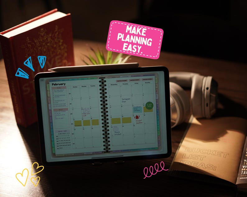 May include: A digital planner displayed on a tablet, open to a February calendar view. A red book, a pencil, and headphones are next to the tablet. The image includes the text "MAKE PLANNING EASY."