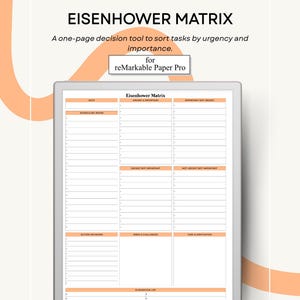Könnte beinhalten: Ein digitaler Planer für reMarkable Paper Pro mit der Eisenhower-Matrix. Der Planer ist weiß mit orangefarbenen Akzenten und enthält Abschnitte für dringende/wichtige Aufgaben. Der Text auf dem Bild lautet "EISENHOWER MATRIX".