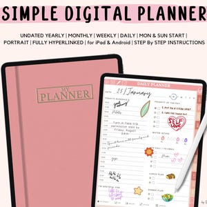 May include: A pink digital planner app open on an iPad with a stylus. The app is a daily planner with a date of January 25th. The app has sections for today's schedule, priority of the day, water intake, to call or email, lunch plan, and dinner plan.
