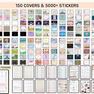 May include: An assortment of planner covers and stickers. The image displays a grid of 150 covers with various designs, including watercolor landscapes, floral patterns, and abstract art. Below, there are multiple sticker sheets with different shapes and themes. The text at the top reads "150 COVERS & 5000+ STICKERS."