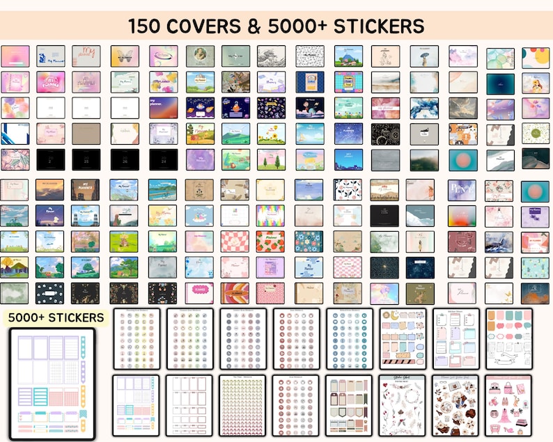 May include: An assortment of planner covers and stickers. The image displays a grid of 150 covers with various designs, including watercolor landscapes, floral patterns, and abstract art. Below, there are multiple sticker sheets with different shapes and themes. The text at the top reads "150 COVERS & 5000+ STICKERS."