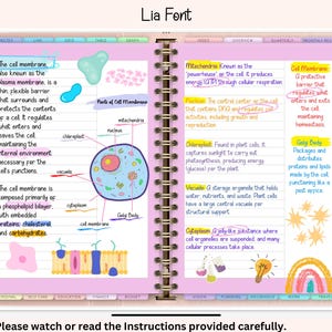 May include: A pink and blue illustrated notebook page with a diagram of a cell and its parts, including the cell membrane, nucleus, mitochondria, chloroplast, vacuole, cytoplasm, and Golgi body. The text on the page describes the functions of each part of the cell.