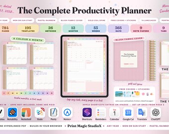 Complete Productivity Planner Rainbow Portrait 2026 2027 Any Year, Mon or Sun Start, Digital Planner GoodNotes, Gold Coil, Time Blocking